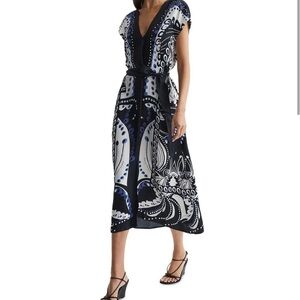 Reiss Black and Blue Paisley Midi Dress